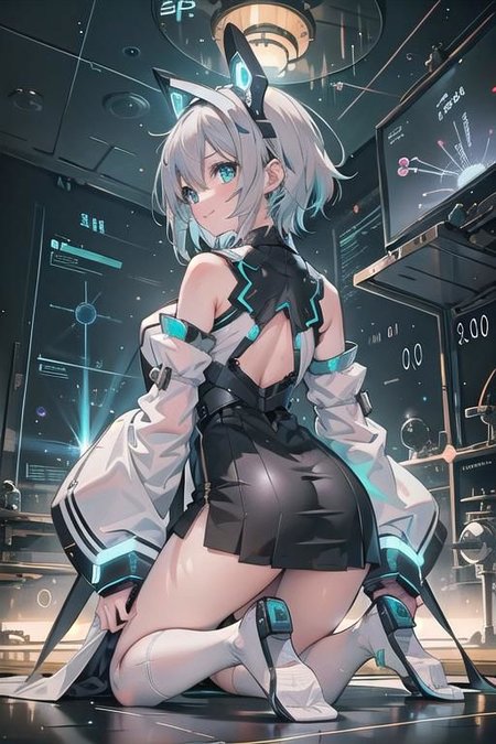 (masterpiece), (science fiction:1.4), 1girl, her back turned, on all fours, smile, silver hair, aqua eyes, headgear, long sleeves, detached sleeves, glowing energy clothing, light particles, short skirt