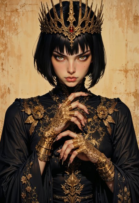 a digital drawing in a detailed, realistic art style. It features a young woman with fair skin and striking features, including sharp, almond-shaped eyes with long lashes and a straight, black bob haircut with blunt bangs. She has a stern expression, with her lips slightly parted. Her attire is regal and dark, consisting of a flowing, black garment with intricate golden embroidery and a high collar. She wears an elaborate, ornate crown adorned with sharp, metallic spikes, adding a fierce and powerful aura to her appearance.
Her hands are prominently featured in the image, with long, pointed golden nails that have a skeletal, claw-like design, emphasizing her menacing and mystical presence. Each finger is adorned with multiple rings, also featuring intricate golden designs, which contribute to the overall opulent and otherworldly look.
The background is a warm, earthy tone, with a texture resembling aged parchment, adding to the mystical and ancient atmosphere of the image. The overall color palette is dominated by shades of gold and black, enhancing the luxurious and dark fantasy theme.
