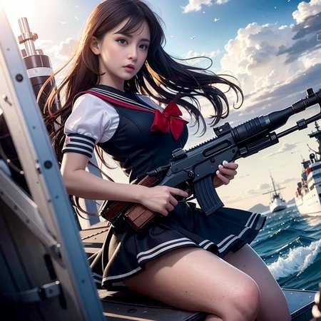 (best quality, masterpiece:1.2), ultra high res,best quality,detailed,Amazing,extremely detailed CG unity 8k wallpaper,
beautiful detailed eyes, highly detailed skin, extremely delicate and beautiful girls,
1girl holding mp5 gun and finger in trigger, long hair and full body, looking looking to the side,
sailor dress, on warship,   thick thigh, cleavage, huge eyes,pouty lips, big eyes,