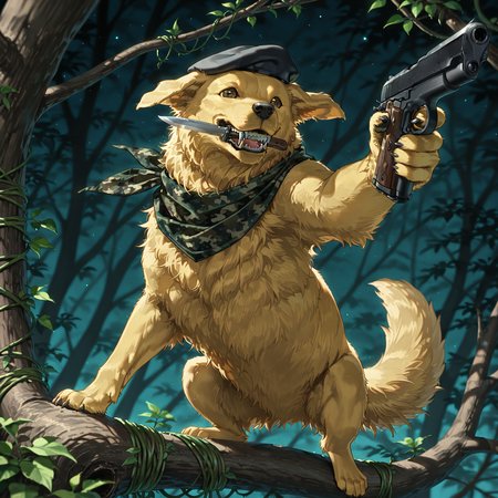 masterpiece, best quality, amazing quality, very aesthetic, absurdres,(golden retriever), (holding handgun:1),(m199a1 in hand:1), (1dog,no humans),(solo,alone), on a tree branch, (knife in teeth hold),background of dense jungle, vines,animal focus, starry night, trees,action pose,camouflage scarf ,fluffy fur,fluffy ears,black beret,(aiming gun,holding:1.1),happy,full body,looking down,m1911
, <lora:m1911a1:0.5>