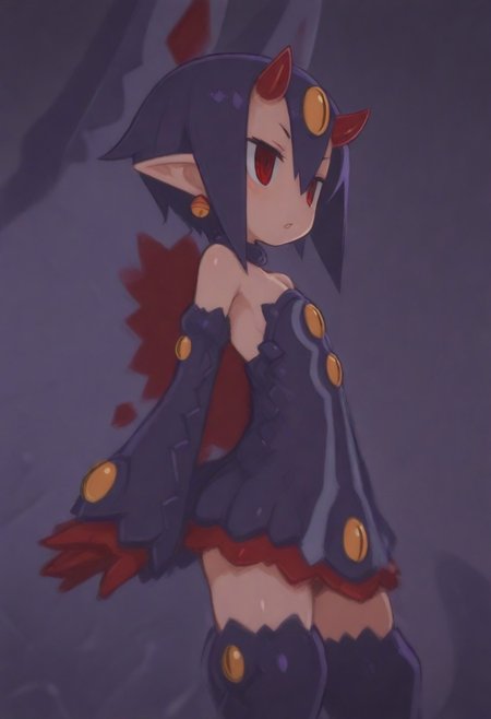 masterpiece, best quality, amazing quality,,, shiny skin,,,,,, <lora:desco_disgaea_Illust>, 1girl, desco \(disgaea\), harada takehito, red eyes, purple hair, short hair, extra eyes, horns, tail, earrings, tentacles,