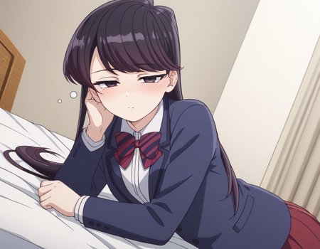 score_9, score_8_up, score_7_up, source_anime,
shoukokomi, <lora:shouko-komi-s1s2-ponyxl-lora-nochekaiser:1>,
shouko komi, long hair, bangs, black hair, black eyes, half-closed eyes,
skirt, shirt, long sleeves, bow, school uniform, jacket, white shirt, pantyhose, pleated skirt, striped, collared shirt, bowtie, red skirt, blazer, blue jacket, striped bow, striped bowtie,
indoors, bed, bed room, on side, blush, drunk,
looking at viewer, cowboy shot, dutch angle, solo,