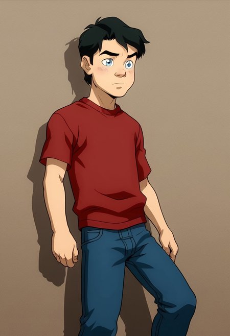 High Quality,  Billy batson,  solo, 1boy, black hair, blue eyes, red tshirt, bluejeans, young, small body.