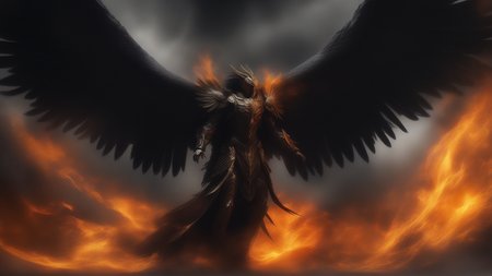 A perfect photography of an angel floating in the air. The large wings extending from his back. The symmetrical wings are menacing; they are spread wide and are in intense dark yellow and red flames.
(They have large wings extending from their backs. The symmetrical wings are menacing, with visible feathers; they are spread wide.)
There is a misty or smoky atmosphere around the figure, giving the picture a mystical element. The picture is in a monochromatic scheme, mainly with shades of black, white and gray.
(intricate details, insane details, highly detailed, ultra high quality, sharp focus, high contrast, best shadows, soft lighting, dark artificial light, volumetric lighting, cinematic lighting, epic cinematic, 8k UHD, RAW photo, film grain, denoise, photorealistic, photo realism, long shot, centered:1.4)