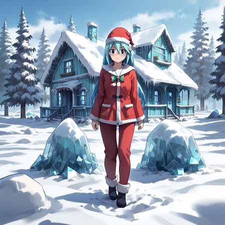 best quality, highres, high resolution, score_9, score_8_up, score_7_up, score_6_up, score_5_up, score_4_up, 1 female, aqua is wearing Santa outfit, her outfit is made of snow crystals,  (Aqua_(Konosuba):1), fr0stwrld, snow, ice, <lora:Fr0stWrld-v10:1.2> , <lora:Aqua Pony:1> ,full body, front yard of a house in snow forest, snow background, standing , anime pose, trickster face