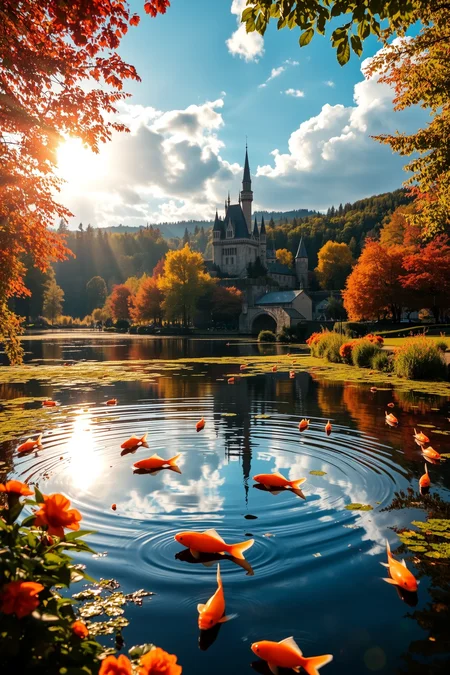 (beautiful fantasy landscape), photo, photography, Sigma 50 mm f/5.6,  sharp focus, no blur background, ((very detailed)), (water ripples) reflections, medieval castle,  river (pond),  forest, ((village)), stunning nature aquatic environment, (bright sunny sky), (high contrast), cinematic (lights), backlight, (shadows), lens flare, vibrant colors, colorful, [Goldfish Orange flowers] and leaves, (pretty), (beautiful), loving, <lora:no-blur:1 <lora:aidmaHyperrealismv0.3:0.8> aidmaHyperrealism