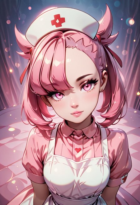masterpiece, best quality, 32k, high resolution
zzNurseMarnieCitron, pink eyes, hair ribbon, medium hair, pink hair, asymmetrical bangs, ribbon, nurse, pink dress, white apron, nurse cap, 
upper body, from above, looking at viewer, lips, head tilt, 
,bokeh, luminescent background,