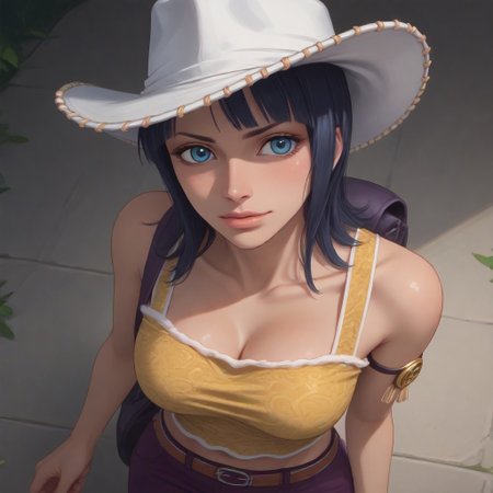 score_9, score_8_up, score_7_up, score_6_up, score_5_up, score_4_up, robinskypiea, yellow tank top, armlet, fringe trim, purple pants, brown belt, white cowboy hat, hand on hat, purple backpack, black hair, medium hair, blue eyes, looking at viewer, from above, three quarter view, source_anime, <lora:RobinSkypiea_v3:1>