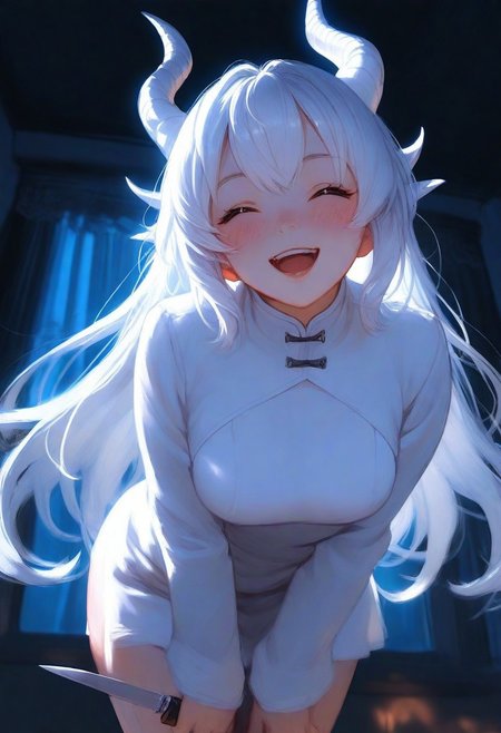 solo, humanoid white Dragon girl, lips, looking at viewer, blush, ^ ^, smile, open mouth, holding knife, leaning forward, cowboy shot, from below,dutch angle, backlighting, dark, night, moonlight, indoors, curtains, window, masterpiece, best quality, very aesthetic,