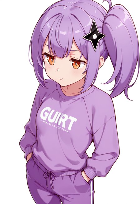 masterpiece,high quality details, absurdres,
 <lora:Satoko_Kusagakure:0.9>
satoko_cnr, 1girl, purple hair, long hair, side ponytail,orange eyes,hair ornament,sidelocks,, simple background, white background, dynamic angle,solo,, bored,guilt,, :t,, pullover,shirt ,flared pants,  ,var-legwear,