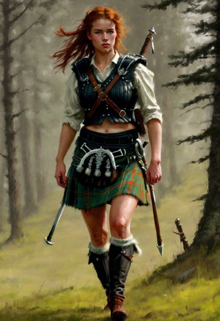 beautiful slim large-breast young heavy-armor female Scottish highlander, kilt, socks, digital painting in jrst artstyle