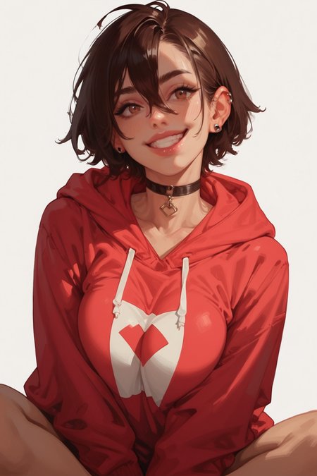 1girl, breasts, solo, brown hair, hood, hoodie, smile, choker, large breasts, looking at viewer, short hair, brown eyes, black choker, hair between eyes, grin, jewelry, red hoodie, hood down, long sleeves, piercing, pink hoodie, ear piercing, sitting, zPDXL3, detailxl,  Score_PnyReal, (lineless:1.5)