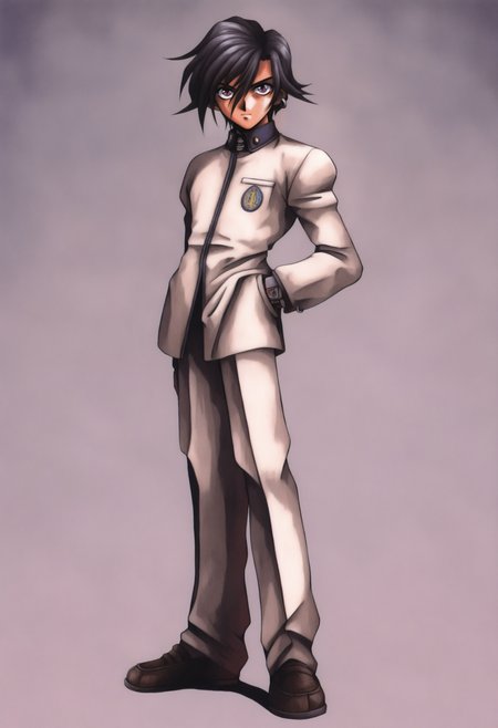 masterpiece, best quality, solo, 1boy, looking at viewer, <lora:FF7-Offical-Art-illus_Fp:1>, 1990s \(style\), simple background, full body, standing,  <lora:Naoya-illus_Fp:1>, naoyap1, black hair, purple eyes, school uniform, hair between eyes, short hair, single earring,