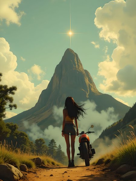 A lone young woman with flowing black hair stands near her motorcycle on a dusty dirt road, gazing toward a towering mountain in the distance. The scene is viewed from far behind, capturing her small figure against the grand scale of the landscape. The sky above is a soft blend of blue and drifting clouds, with sunlight filtering through to cast gentle highlights on the surrounding grass and scattered foliage. In the far horizon, just above the mountain peak, a single sparkling star glows faintly in the daylight sky, adding a surreal, almost magical touch to the tranquil outdoor setting. aidmamjv7, aidmarealisticskin, reedy, nistyle, in the style of ckcs, drkfnts, v1v1dr34m <lora:aidmamjv7_aidmaMJv7-FLUX-v0.1:0.6> <lora:flux.1_lora_flyway_Epic-detail_v2:0.7> <lora:aidmarealisticskin_aidmaRealisticSkin-FLUX-v0.1:0.7> <lora:Luminous_Shadowscape-000016:1.0>