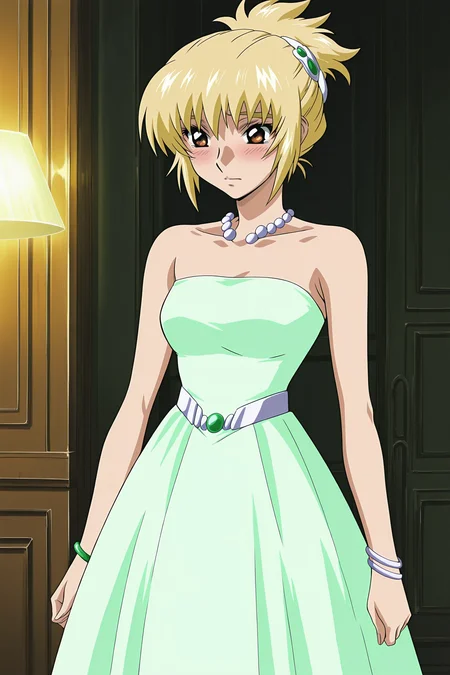 anime screencap, anime coloring, detailed face, masterpiece, best quality, very aesthetic, absurdres, volumetric lighting, official style, amazing quality, ultra detailed,  highres, amazing quality, scenery, beautiful detailed hair, beautiful detailed eyes, defined fingers, five fingers,
 <lora:StS-Illustrious-Detail-Slider-v1.0:4>
 <lora:Cagalli_Yula_Athha_Mobile_Suit_Gundam_SEED:1>
Cagalli elegant dress, Cagalli Yula Athha (character), 1girl, dress, solo, jewelry, blonde hair, brown eyes, blush, bracelet, green dress, strapless, indoors, high heels, hair up, short hair, cowboy shot