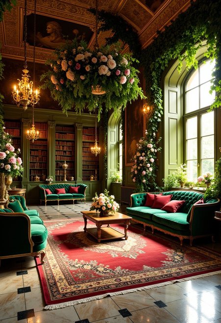 Golden Hour Ballroom with Emerald and Ruby Accents
A grand ballroom bathed in golden-hour light, where emerald-green velvet sofas form a luxurious seating area accented with ruby-red and gold-trimmed pillows. The walls, covered in deep olive-green paneling, house towering bookshelves filled with antique tomes and gilded artifacts. A crimson and gold Persian rug spreads across the marble floor, while ornate brass chandeliers, adorned with hanging ivy and soft amber lights, cast a romantic glow. A massive floral installation of roses, peonies, and ivy vines drapes from the ceiling, bringing a lush, enchanted garden feel to this palatial, golden retreat.
