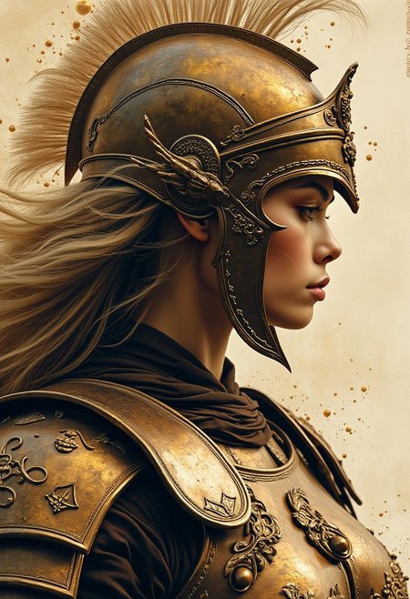 Silhouette Art, magnificent, inksplash  closeup portrait of stunning japanese woman, blonde loose hair, wearing bronze age greek armour with a full face helmet