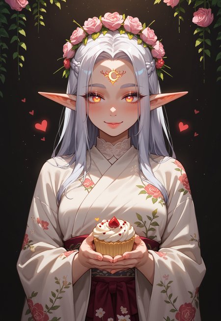 score_9, score_8_up, score_7_up, source_anime,
 1girl, woman, elf girl, golden bands, blushing, heart, cowboy shot, beautiful face, thick eyelashes, glowing white eyes, elf ears, long flowy silver hair, cute smile, dark eyeshadow, glowing shoulders tattoos, glowing tattoos, floral decoration in hair, nighttime, shinning moon, blush, white floral kimono, cupcake (red colour, heart shaped, holding with both hands) Japanese theme, Valentine's theme, portrait shot.