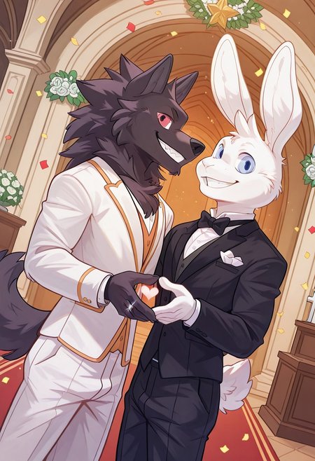 score 9, score 8 up, score 7 up, gay, dutch angle, light particles, males only, furry only, furry males only, masterpiece, best quality, (sky_(i_think_i_like_you), rabbit ears, white fur, tail, rabbit tail, blue eyes, tuxedos), (leon_(i_think_i_like_you):red eyes, solo, wolf boy, black fur, tuxedos), two grooms, men, wearing tuxedos, wedding suits, exchanging rings, ring exchange, wedding ceremony, altar, arch, floral decorations, aisle, detailed Indoor church,  love hearts, floating hearts, heart-shaped confetti, excited grin, euphoric expression, looking at each other, walk to viewer