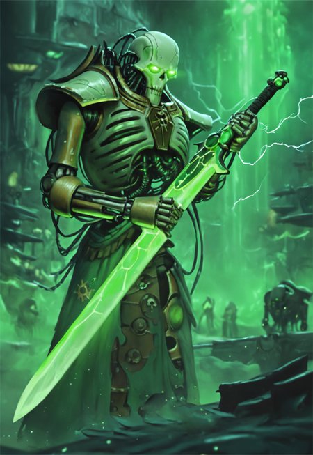 ((realistic)))solo alone, skull metallic face((warhammer necron)))warhammer necron) robotic skeletal warriors, necrons, undead, alien race, Warhammer 40,000((masterpiece,best quality)),<lora:Necron_Lord:0.8>, detailed robot face, glowing eyes,  Necron, 1boy, holding, weapon, glowing eyes, lightning, green glow, <lora:Necron_Architecture:0.5>,  electricity, green glow, green theme,score_9, score_8_up, score_7_up, necron, robot, green energy, wh40k holding sword, armor, science fiction, mecha, Perspective shot
from above,
 <lora:Necron_race_WH40K:1> 
 <lora:Concept Art DarkSide Style LoRA_Pony XL v6:1> concept art, realistic, dark theme, low light, realistic metallic shine, ((reinforce skeletal arms and legs), (((full body view)))w4rh4mm3r style oil painting, outstanding masterpiece(highly detailed patterns on armor)Perspective shot