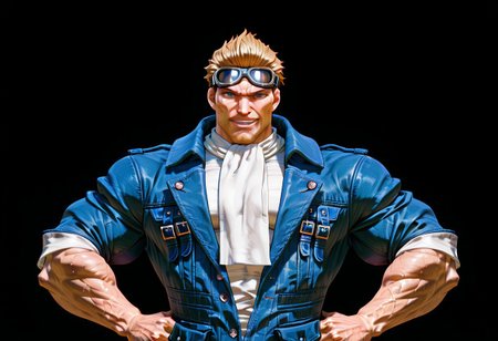 RESET, score_9,score_8_up,score_7_up, Highest Quality, 4k, masterpiece, Amazing Details, best quality, detailed image, good illumination, source_furry, rating_explicit, proportionate body, BREAK, solo, daddy, high testosterone, bara, (hyper muscles:1.5), handsome, sexy, confident, badass, (sexy grin:1.5), (hyper pectorals:1.6), (hyper biceps:1.5), (looking at viewer:3.0), (black background:3.5), close up, (upper body focus:3.5), (six pack abs:1.5), (veiny muscle:1.5), (sweaty:1.5), 
(detailed eyes:2.0), (detailed face:2.0), (perfect face:2.0), (perfect eyes:2.0), 
(front view:4.0), 
(standing:3.1), 
(hand on hips:2.0), (flexing one hand:2.0), 
CidHighwindFF, short hair, blonde hair, blue eyes, stubble, mature male, muscular, bandaid, aviator goggles, 
blue denim jacket, white scarf,