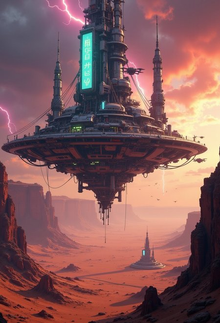 In the style of ck-mgs, A digital artwork in the style of cknc, a_skynet_cyberdyne_craft,
A highly advanced floating city, suspended in a surreal sky above a vast desert,
The city is a sprawling, futuristic metropolis, built on massive floating platforms made of gleaming, metallic alloys and transparent glass. The platforms are interconnected by suspended bridges and pathways, with giant, futuristic towers stretching upward, glowing with neon blue and green lights. The city is alive with energy, with holographic billboards and drones flying through the air, their lights cutting through the swirling, dusty air below.
The sky above is a blend of dark purple and deep orange hues, with streaks of red lightning flashing across the clouds, creating an intense, stormy atmosphere. Below the floating city, the desert stretches endlessly, a vast expanse of shifting golden sands interrupted only by the occasional jagged rock formation.
The entire composition is dramatic and futuristic, with a sense of wonder and awe, as the city hovers above the desert, defying gravity and civilization's limits. The floating city gives the impression of technological mastery, but also hints at isolation, suspended between a harsh, barren world and a stunning, stormy sky.