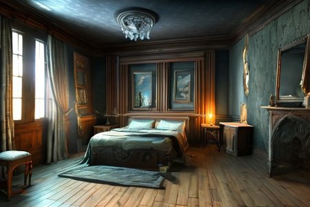 RAW photo, (masterpiece:1.3), subsurface scattering, heavy shadow, (high quality:1.4), (intricate, high detail:1.2), professional photography, HDR, High Dynamic Range, realistic, ultra realistic, photorealistic, high resolution, film photography, ambient lighting, atmospheric effects, <lora:detail_slider_v4:2>, OverallDetail,  <lora:HauntedHouse:1>, bed, book, bookshelf, box, candlestand, cup, curtains, dark, door, hauntedhouse, indoors, no humans, scenery, silk, table, window, wooden floor