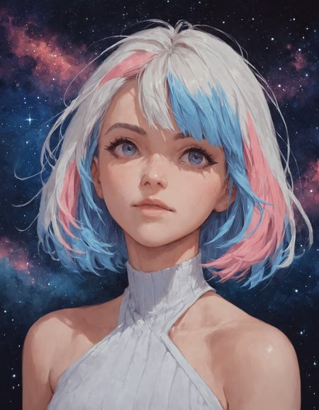 score_9, score_8_up, score_7_up, score_6_up, score_5_up, rating_questionable,  source_anime,  1girl, portrait,  multicolored hair, fringe, bare shoulders, upper body, cosmic,  <lora:sn0w:1>