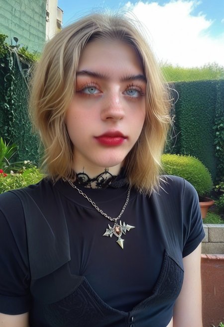 score_9, score_8_up, score_7_up, andrea, solo, 1girl, (tight shirt), braless, breasts apart, small breasts, garden, outdoors, choker 
bela, 1girl,  blonde hair, , jewelry, long hair, necklace, , looking at viewer
egirlthot Goth girl