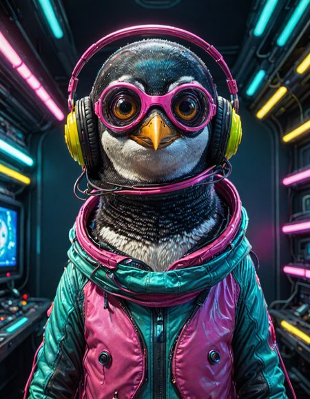 (ombre color scheme of neon pink, neon blue, neon green, neon yellow, neon yellow-red) (in the style of Zdzislaw Beksinski:1.2) (cute:1.25) (anime penguin:1.75) wearing a space helmet sitting at command chair with the lights of the consoles behind, in the style of sci - fi environments, glo - fi, aesthetic, comic, beeple, space background <lora:another-bored-particle:0.55>  <lora:add-detail-XL:0.65>, subsurface scattering, ultra hd, 4k, high def, Photorealistic, Hyperrealistic, Hyper detailed, analog style, realistic, masterpiece, best quality, ultra realistic, 8k, Intricate, High Detail, film photography, soft lighting,  heavy shadow