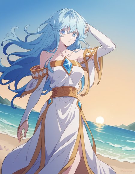 score_9, score_8_up, score_7_up, source_anime, <lora:elfaria-albis-serfort-s1-ponyxl-lora-nochekaiser:1>, elfaria albis serfort, long hair, blue hair, blue eyes, colored eyelashes, sidelocks, medium breasts,, dress, bare shoulders, collarbone, white dress, bridal gauntlets, gemstone, detached sleeves, off shoulder,, beach, sunset, walking along shore, footprints in sand, waves, peaceful, , looking at viewer, hand behind head, , solo,, cowboy shot, dutch angle