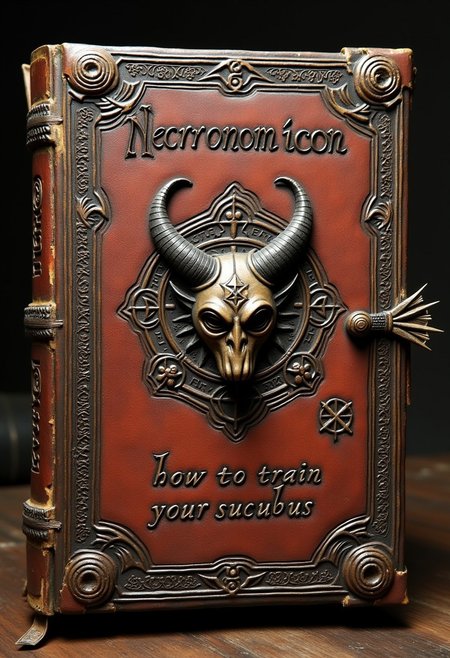 an ancient book with carved glyphs and a demonic face, the original book title "Necronomicon" written with ancient script lettering, a modern sticker on the book reads "how to train your succubus"