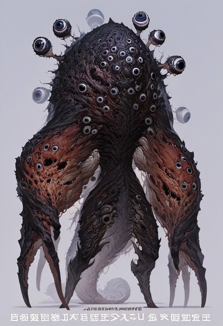 score_9, score_8_up, source_anime, anthropomorphic, unusual creature, creature, concept art, creature, A terrifying creature, has many limbs, many eyes, extra eyes, has a tail, a wide back