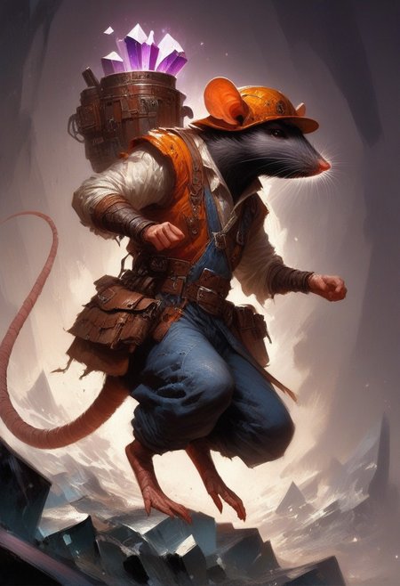 BREAK score_9, score_8_up, score_7_up, crystal caves, (mine: 1.2), purple crystals, solo,  rat man, overalls,  wearing goggles, brown eyes, hard hat, dynamic pose, fully body shot ,  (throwing bomb: 1.2) , full body shot, (one tail: 1.5)
(masterpiece, best quality, ultra detailed, intricate details:1.2), (detailed face:1.1), (rat folk:1.5)