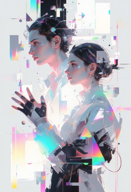 aidmaimageupgrader, male and female character framed by geometric shapes, glitchcore aesthetic, white space dominance, minimalist design, soft gradients, glowing holographic lines, fragmented glitch effects, subtle neon overlays, abstract symmetry, futuristic fashion with clean lines, muted color palette, digital distortion around edges, serene atmosphere, faded visual artifacts, worn textures, dreamlike holographic glow, delicate composition, degraded digital aesthetics, quiet focus, ethereal ambiance,pscho_4rt