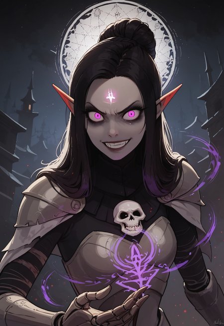 safe_pos, (masterpiece), highest quality, (close up), 1girl, sexy elf necromancer, elegant updo hair, perfect detailed eyes, detailed face, slim, small breasts, dark necrotic armor, (evil grin), holding a staff with a skull with glowing purple eyes, (summoning the undead), (casting spell), dynamic pose, magic particles, glowing particles, outdoors, night, moonlight, sinister graveyard, (magic skulls floating around), (armored skeleton warriors in background), detailed background