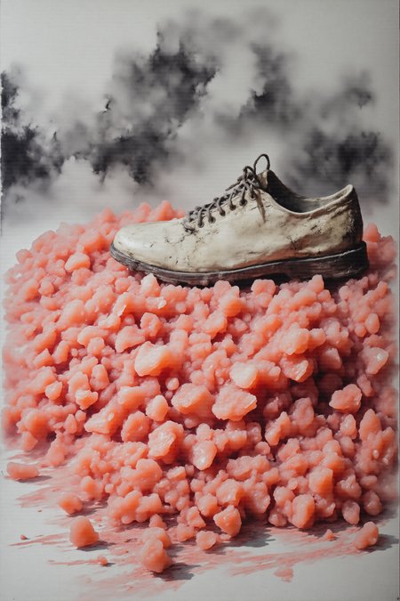 "A hyperrealistic depiction of a weathered, beige canvas shoe, its laces tangled and frayed, rests on a bed of bright coral pink salt crystals. The shoe's surface is covered in a fine layer of grey dust, obscuring its original color and creating a sense of age and decay. A single, rusted nail protrudes from the shoe's sole, its head catching the light and casting a long, distorted shadow. The background is a blurry expanse of grey dust, creating a sense of isolation and disorientation. The composition is a surreal blend of realism and Dadaism, with the unexpected juxtaposition of the canvas shoe and the pink salt creating a sense of unease and absurdity."

Dark Art