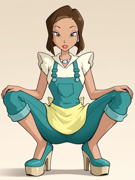 <lora:Bloom_motherIL:0.7> b_m, 1girl, short hair, brown hair, brown eyes, red lips, earrings, beige sleeveless shirt, green overall, necklace, yellow apron,
looking at viewer, squatting, front view, spreading legs, platform high heels