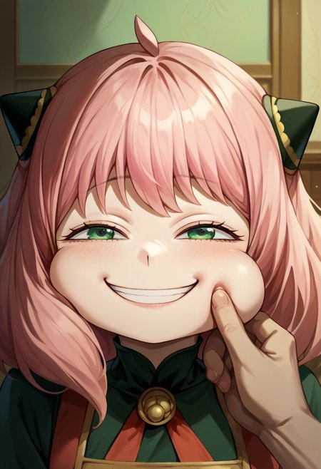 score_9, score_8_up, score_7_up, 1girl, cheek pinching, pov hands, upper body, puffy cheeks, indoors, anya forger \(spy x family\), pink hair, green eyes, IncrsAnyasHehFaceMeme, grin,