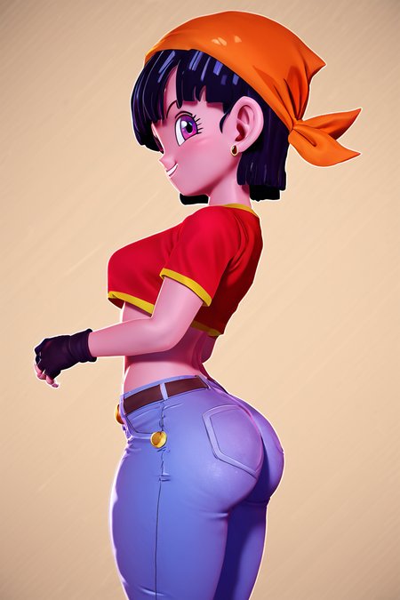 score_9, score_8_up, score_8, medium breasts, (curvy), cute, eyelashes,       BREAK, , zzPan, black hair, short hair, bandana, gloves, fingerless gloves, red shirt, denim pants,  <lora:Pan_Dragonball_PDXL:0.8>, , BREAK, smile, looking at viewer, cowboy shot, side view, ass,  embedding:zPDXL, Expressiveh, <lora:Zy0n7_PDXL:1.0>,  <lora:SDXLFaeTastic2400:0.5>,  <lora:Expressive_H-000001:0.4>,