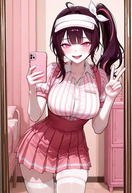 large breasts, detailed body, detailed eyes, narrow waist, (dynamic pose:1.2), upper body,  
mature female, korean, korean idol, (mature eyes:1.2),
(pale skin:1.1), (blush:1.2), looking at viewer, holding phone, open mouth, smile, 
mirror, room, v,
(1girl, solo:1.1), indoors, 
complexion, healthy glow, long waist, long legs,
masterpiece, best quality, good quality, newest, very aesthetic, absurdres,
<lora:ì£¼ì ì_ì£¼ë¥´ë¥´__Jururu_Petrol_Station_Clothes:0.8> petrolruru, purple hair, pink eyes, pink streaked hair, side ponytail, thighhighs, skirt, short sleeves, pantyhose, shirt, white pantyhose, visor cap, striped shirt, bow, smile, collared shirt, (microskirt:1.1), pleated skirt, cowlick,