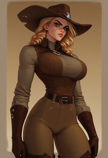 Score_9, Score_8_up, Score_7_up, Score_6, Score_5, Score_4,((best quality)) ultra detailed, aesthetic, extremely detailed eyes and face, perfect body, perfect eyes,
1girl, solo, blonde curls, early colored eyes, scar on the face, scar on the nose, scars on the body,
Slim Figure, Narrow Waist, Wide Hips, (High Breasts), big breasts, Perfect Round Breasts, Perfect Round Butt,
-- clothes -- cowboy hat, leather vest, long sleeved shirt, gloves, cowboy boots, sheriff's badge,
((wild west,Girl standing in the saloon, serious expression on her face.))