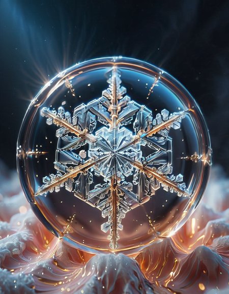 (high quality), (masterpiece), (detailed),8K, An award-winning glowing snowflake, encased in a perfectly transparent glass bubble, floats delicately within a surreal winter setting. Its intricate, symmetrical crystalline patterns radiate a mesmerizing, golden luminosity, blending warm hues of amber, peach, and soft rose that glow softly through the glass. The bubble is adorned with delicate frost patterns along its edges, reflecting and refracting the snowflake’s warm light, casting a magical aura on its surroundings. Encased within, the snowflake sparkles with fine detail, as if suspended in time, evoking feelings of joy, serenity, and wonder, captivating all who witness this breathtaking masterpiece, glowneon, geometric, GlowingInk