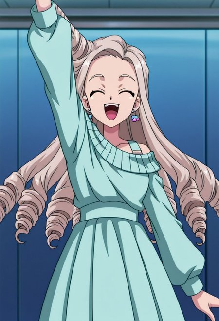 zPDXLx, mur4k4mi-ip,anime screencap,anime art style,beyblade series,beyblade x,yuni namba,1girl,solo,closed eyes,earrings,jewelry,open mouth,long hair,smile,cone hair bun,drill hair,arm up,parody, :d