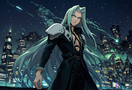 score_9, score_8_up, score_7_up, asymmetrical composition, vaporwave, Lofi, Sephiroth looking board slumped on a stoop overlooking ShinRa tower, shinra_hq, shoulder armor, ShinRa headquarters, night, city, smoke, fog, smog, smoke stacks,, exaggerated perspective emphasizing action, Sephiroth fighting swinging very long sword, long billowing black leather overcoat, pitch black starry sky, solo, beautiful, androgynous, flat chest, leather straps, broad shouldered, high contrast, industrial cityscape background, Netflix, Studio Trigger, ff7, neolight,