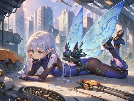 score_9, score_8_up, score_7_up,source_anime,
mechagirl02,
solo,mecha musume, 1girl, bodysuit,mechanical boots, mechanical parts, fairy wings, 
light particles,engine,  valtava, on stomach, 
city, 
 <lora:roboko-000015:0.7>