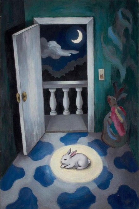 malau1 painting
mawo1 
A painting with a vibrant, abstract style. The scene depicts an room with an open door to a balcony at night. The background features a night sky with clouds and a half moon. The foreground is dominated by a blue and white tiled floor, with a pattern of irregular shapes and lines that create a sense of movement and depth. The is a bright patch of light on the floor, illuminating a a white baby rabbit sleeping on it. 
  <lora:malau1_cap_d6a3e12:1.0><lora:825106970676630538:0>