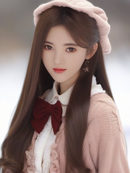 masterpiece, best quality, girl, long hair, looking at viewer, brown cardigan , frilled socks, hair_bow, bowtie, in winter, blush, sweater dress, ,<lora:sl_btf:1>