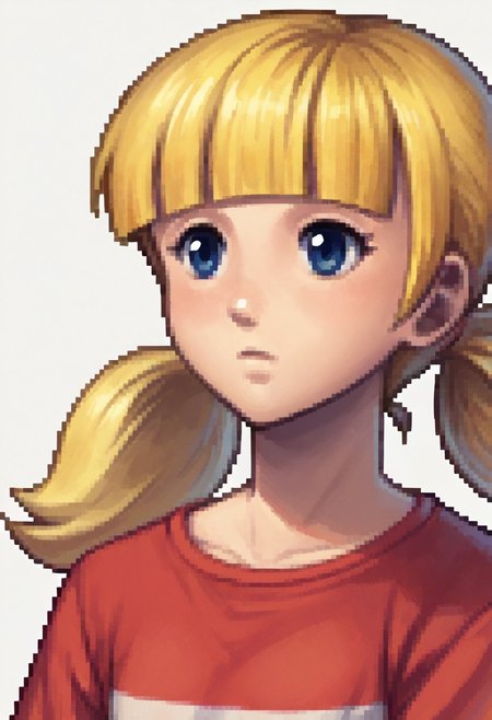 score_9, score_8_up, score_7_up, source_anime BREAK 1girl, solo, fedsportraits, portrait, white background
penny \(inspector gadget\), ,blonde hair, twintails, blunt bangs, blue eyes, flat chest, red shirt, red shirt, striped shirt, stripe, white stripe, upper body