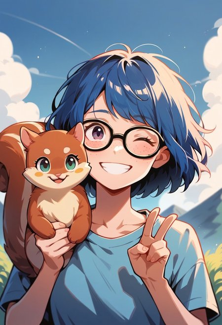 score_9, score_8_up, score_7_up, score_6_up,  <lora:p3tl0v3XLP:1> p3tl0v3, 1girl, 22yo, blue hair, bob cut, thick glasses, freckles, cute smile, squirrel on shoulder, kawaii, cute, winking, v, outdoors, mountain stream in background